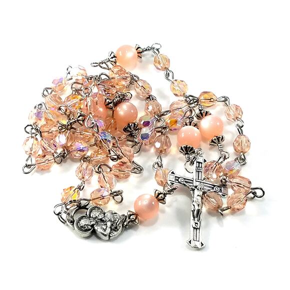 Handmade Pink Five Decade Rosary, Stainless Steel Wire, Vintage Moonglow Beads - Picture 1 of 10
